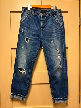 ZARA Baggy Boyfriend Distressed Low Slung Drop Crotch Dark Wash Cuff Ankle Crop